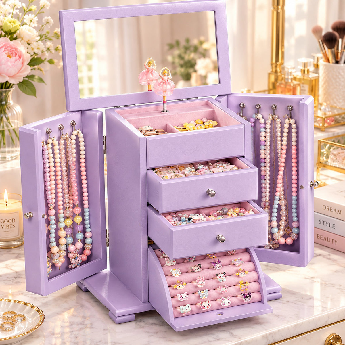 Purple handmade wooden jewelry box with mirror for girls