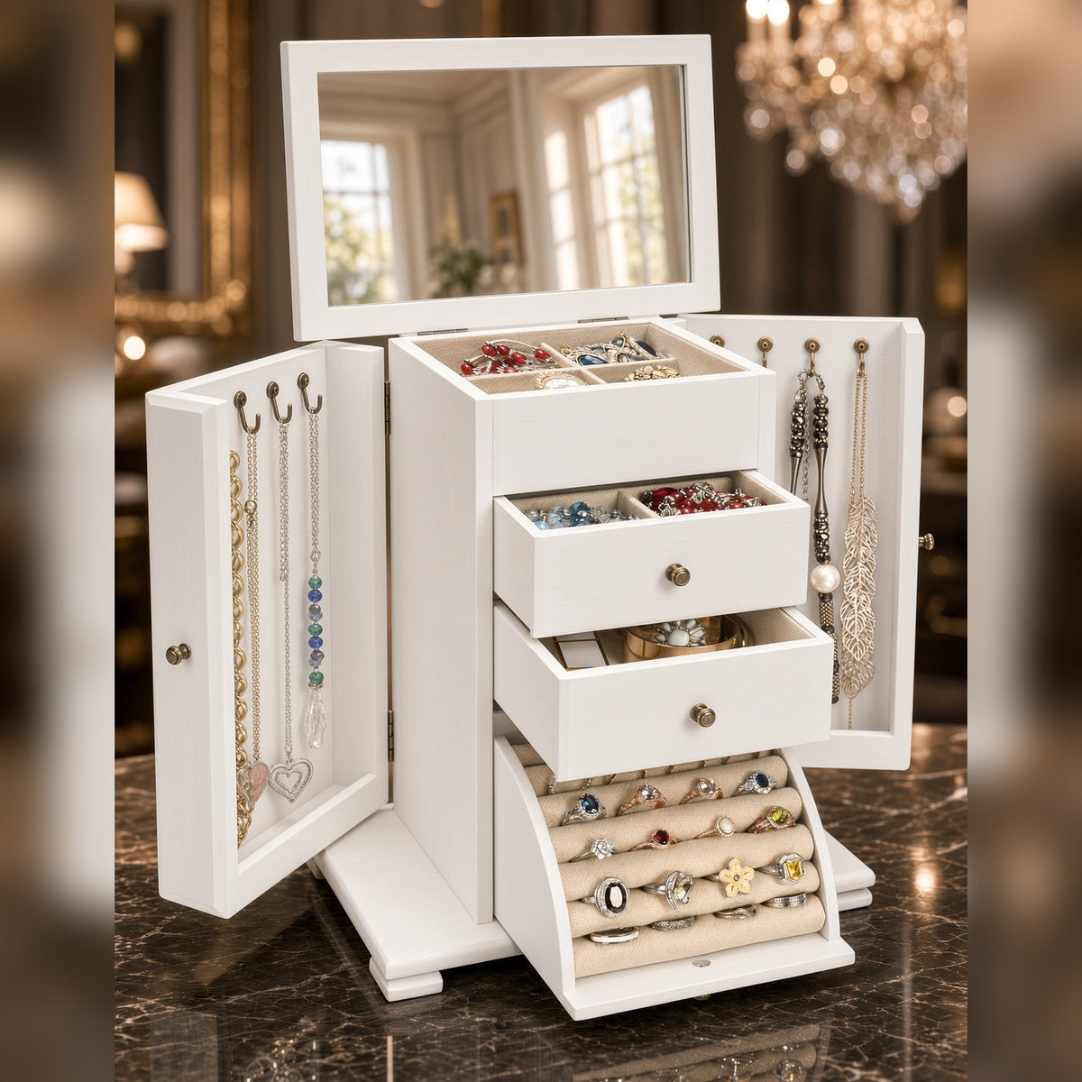 White handmade wooden jewelry box with mirror and necklace hooks