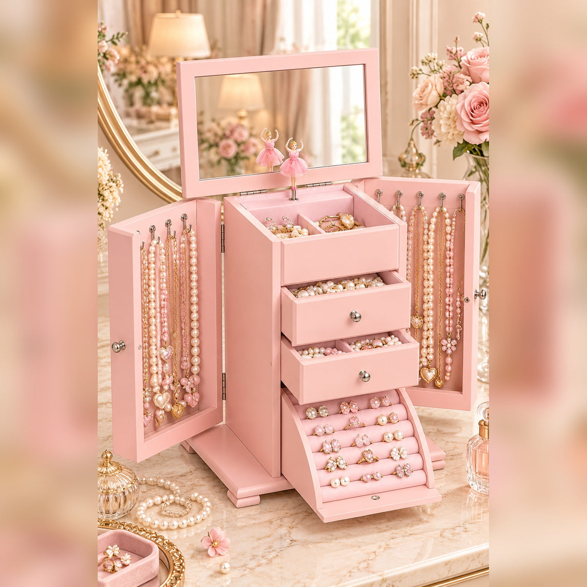 Pink handmade wooden jewelry box with mirror and pearl necklaces on side doors