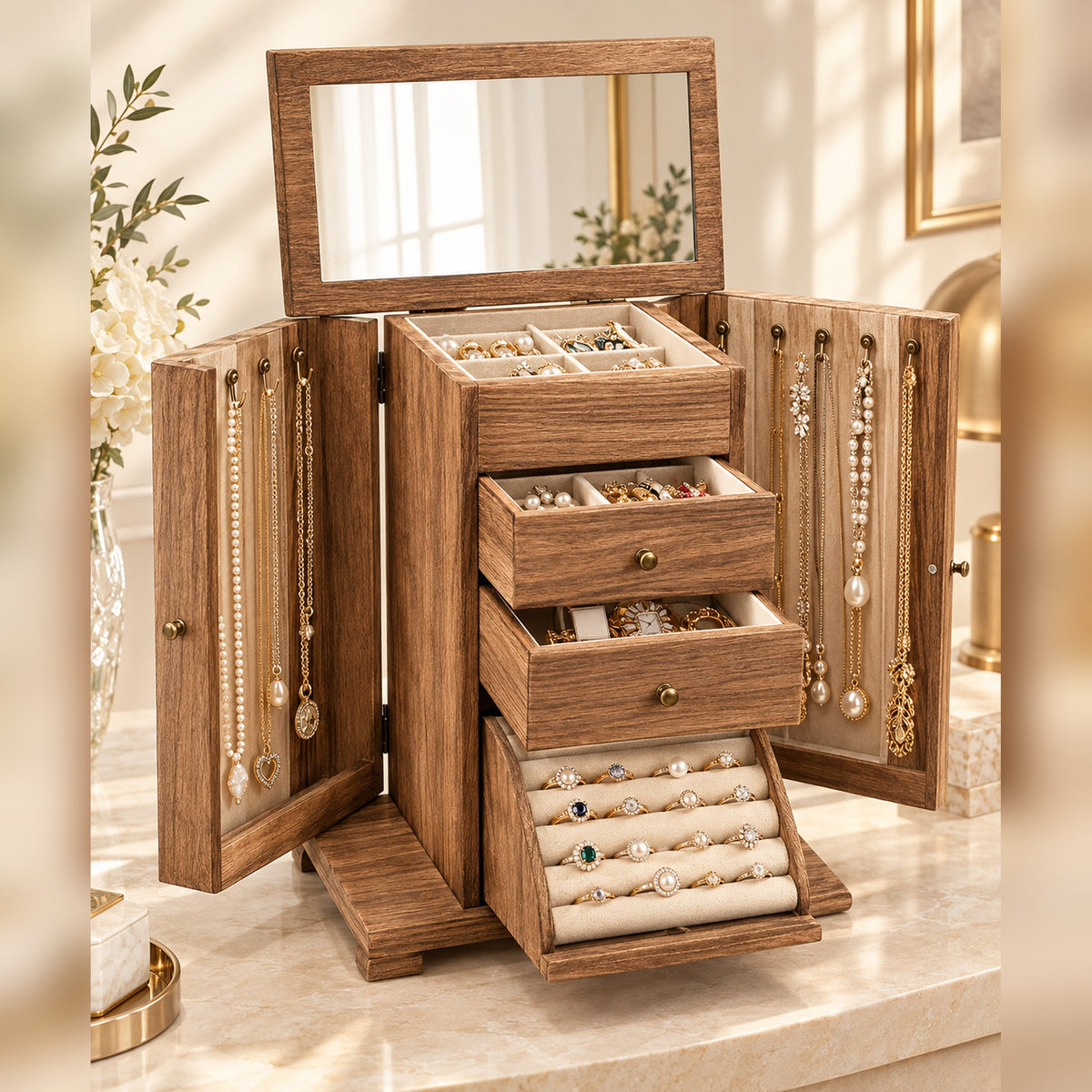 Handmade rustic brown wooden jewelry box with mirror, open drawers, ring roll and necklace doors