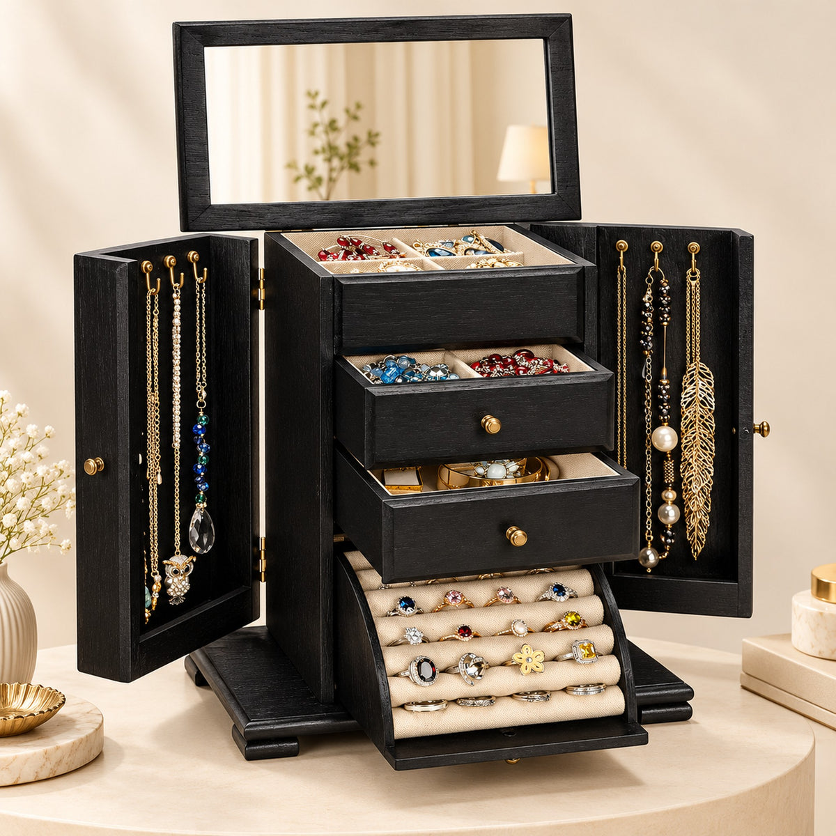 Black handmade wooden jewelry box with mirror, ring organizer and drawers